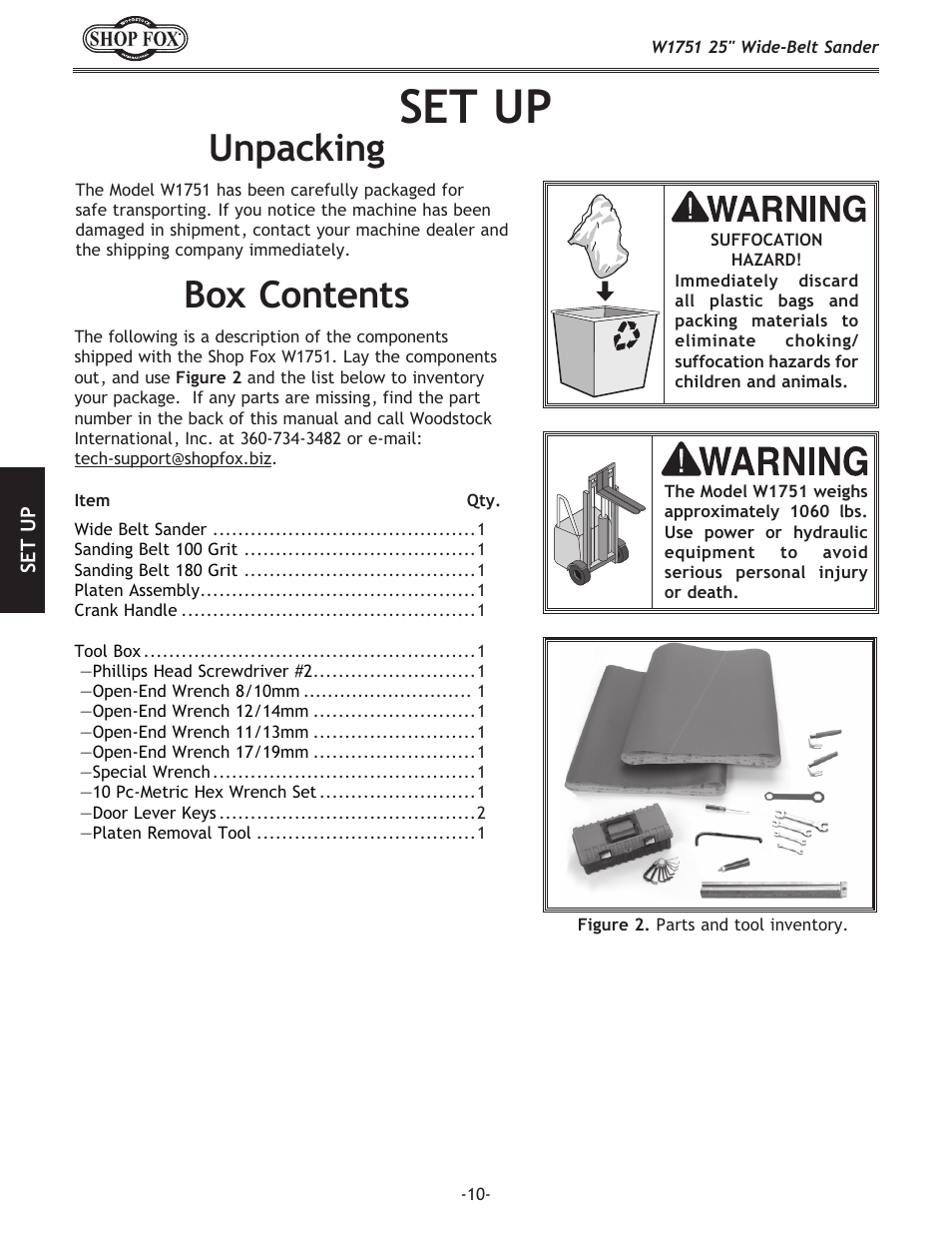 Set up, Unpacking box contents | Woodstock W1751 User Manual | Page 12 / 60