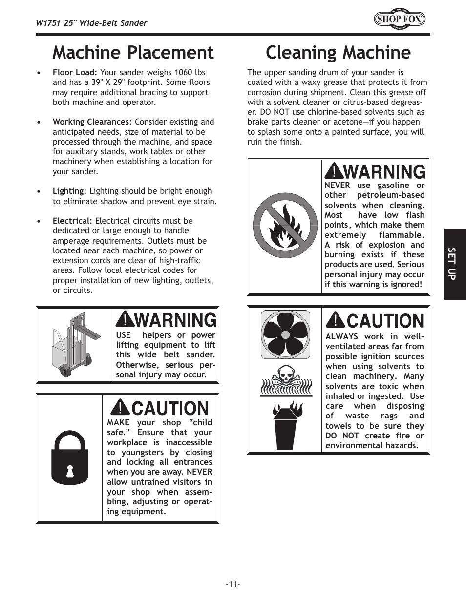 Cleaning machine, Machine placement | Woodstock W1751 User Manual | Page 13 / 60