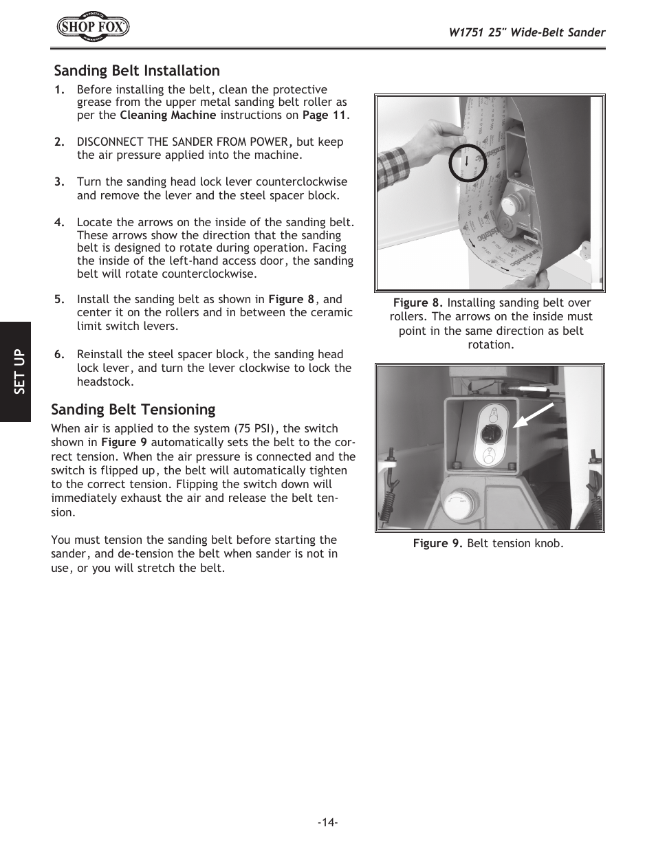 Sanding belt installation, Sanding belt tensioning | Woodstock W1751 User Manual | Page 16 / 60