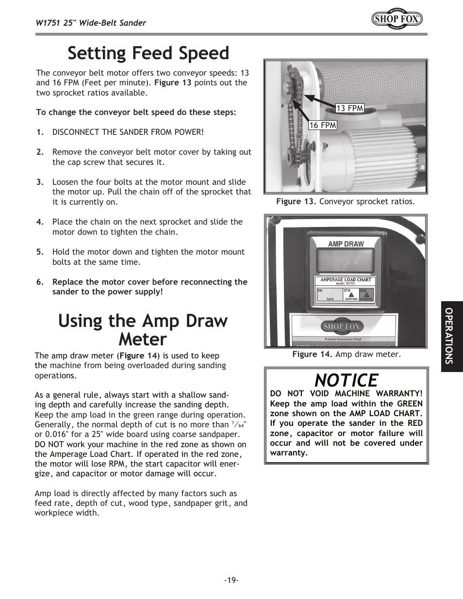 Setting feed speed, Using the amp draw meter, Notice | Woodstock W1751 User Manual | Page 21 / 60