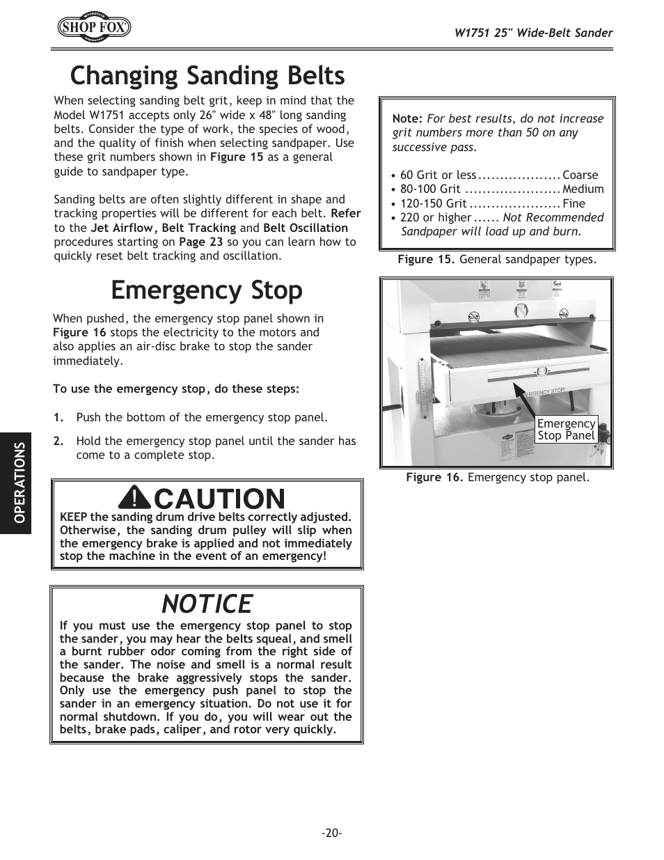Emergency stop, Changing sanding belts, Notice | Woodstock W1751 User Manual | Page 22 / 60