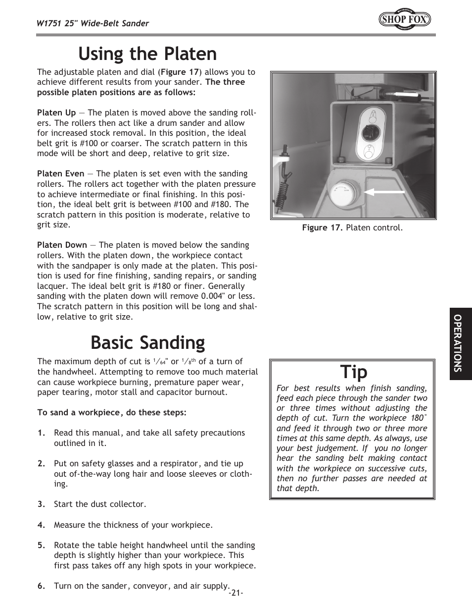 Using the platen, Basic sanding | Woodstock W1751 User Manual | Page 23 / 60