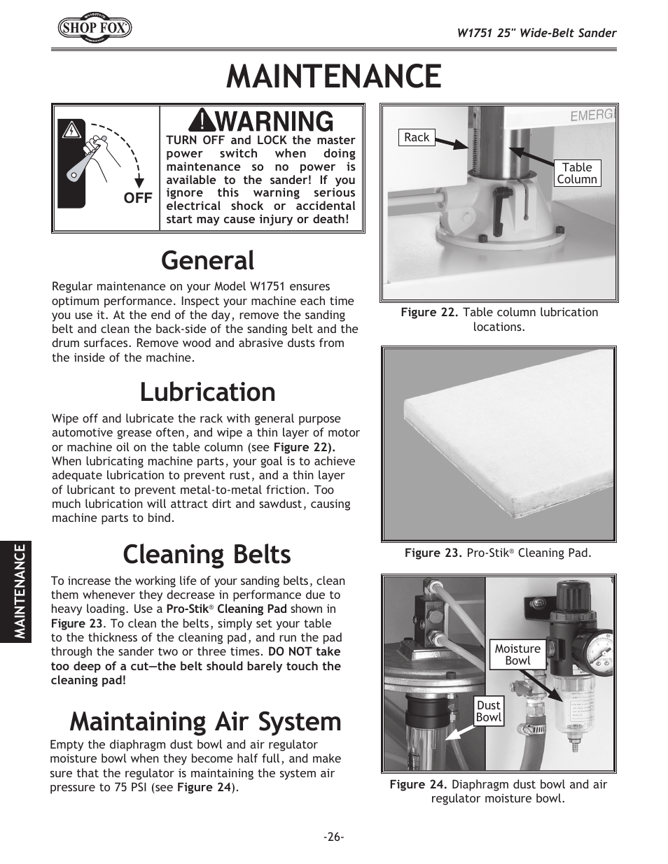 Maintenance, Lubrication, General | Maintaining air system, Cleaning belts | Woodstock W1751 User Manual | Page 28 / 60
