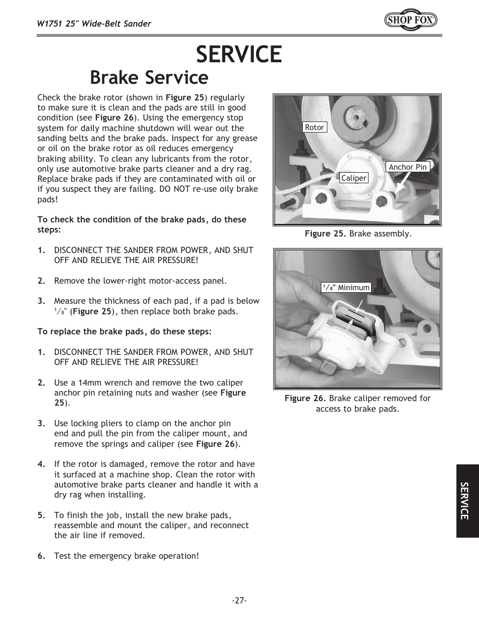 Service, Brake service | Woodstock W1751 User Manual | Page 29 / 60