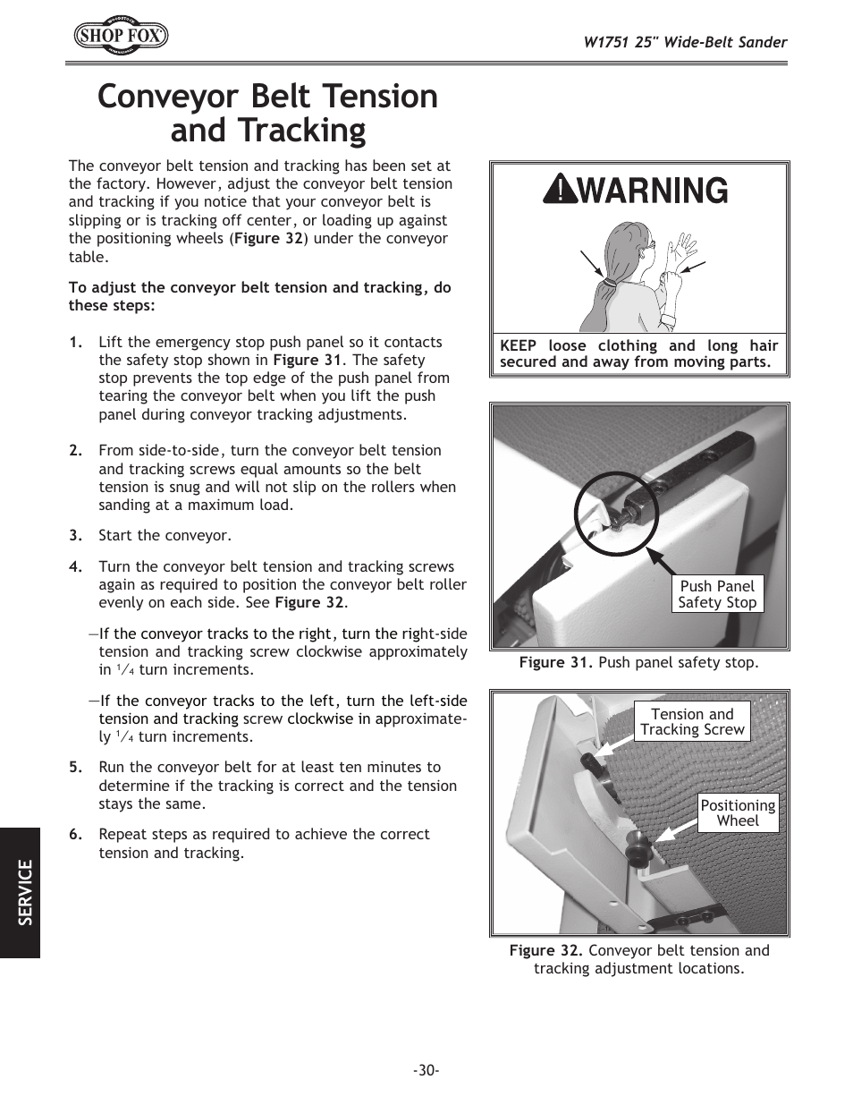 Conveyor belt tension and tracking | Woodstock W1751 User Manual | Page 32 / 60