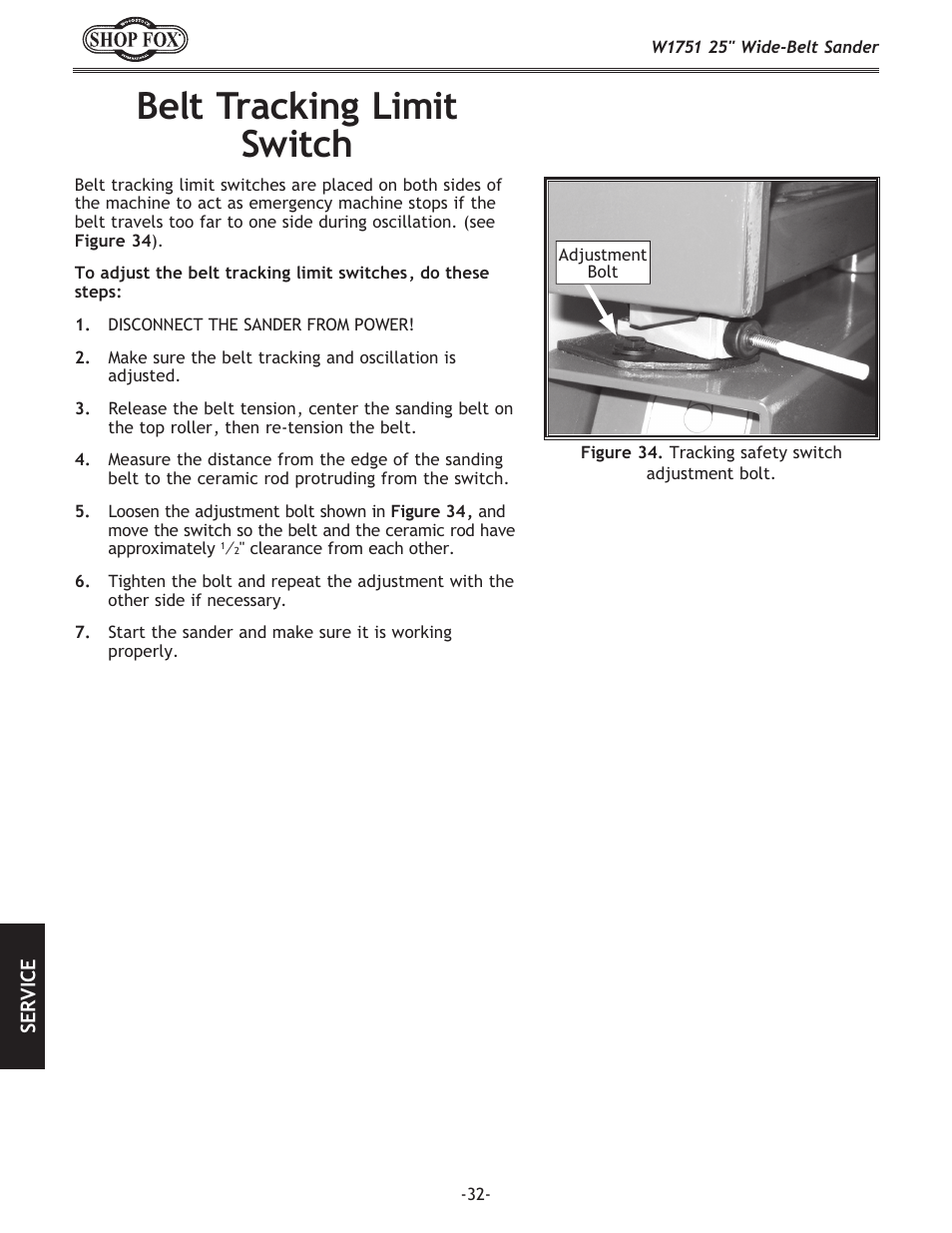 Belt tracking limit switch | Woodstock W1751 User Manual | Page 34 / 60