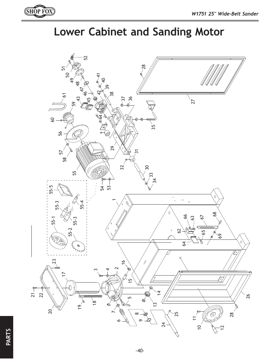 Lower cabinet and sanding motor, Pa rt s | Woodstock W1751 User Manual | Page 42 / 60