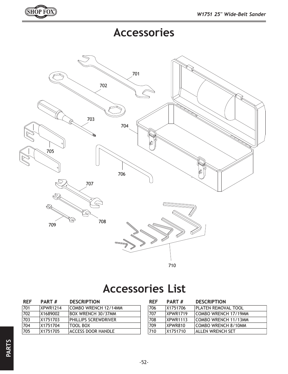 Accessories accessories list, Pa rt s | Woodstock W1751 User Manual | Page 54 / 60