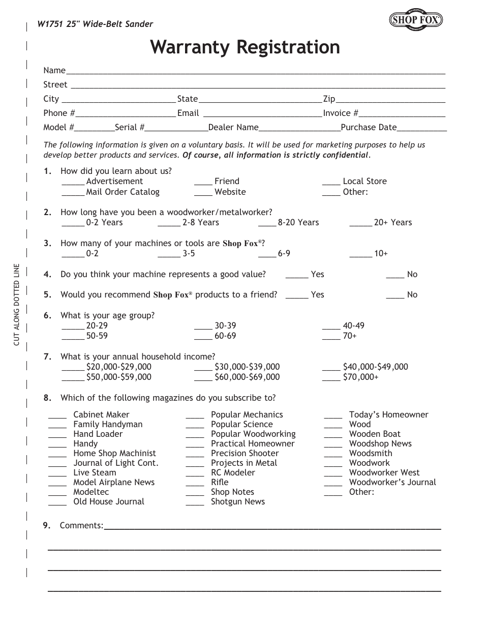 Warranty registration | Woodstock W1751 User Manual | Page 57 / 60