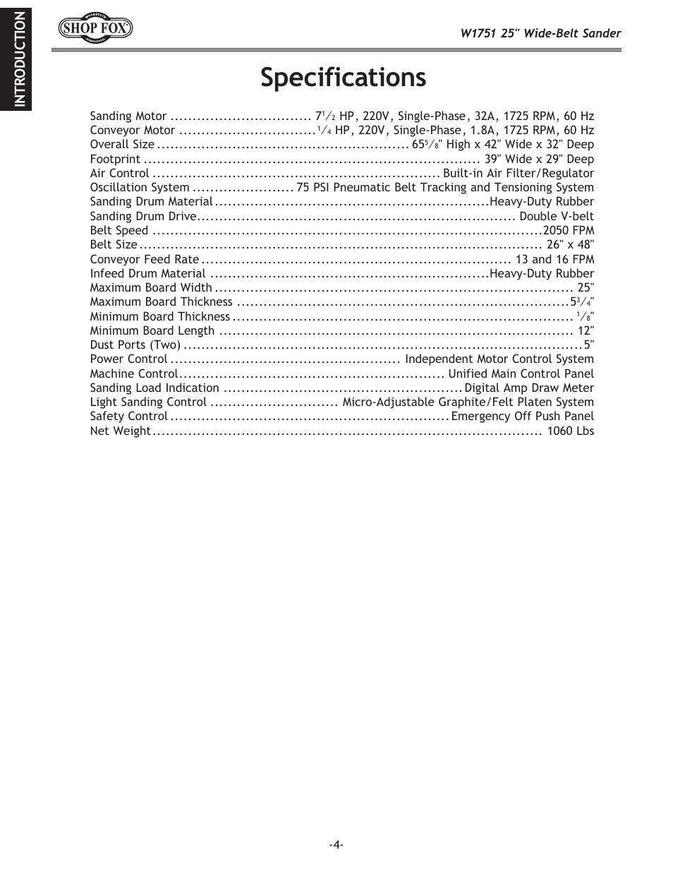 Specifications | Woodstock W1751 User Manual | Page 6 / 60