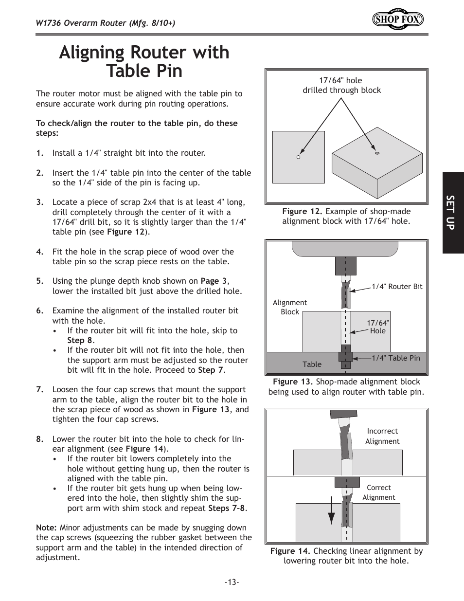 Aligning router with table pin, Set up | Woodstock W1736 User Manual | Page 15 / 28