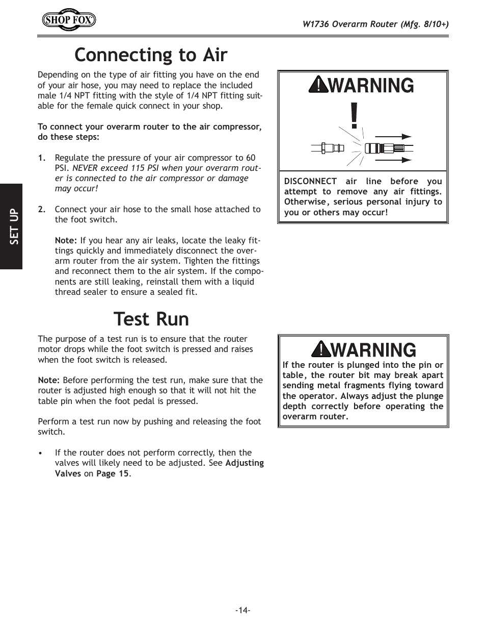 Connecting to air, Test run | Woodstock W1736 User Manual | Page 16 / 28