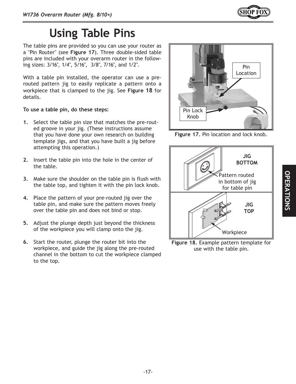 Using table pins, Operations | Woodstock W1736 User Manual | Page 19 / 28