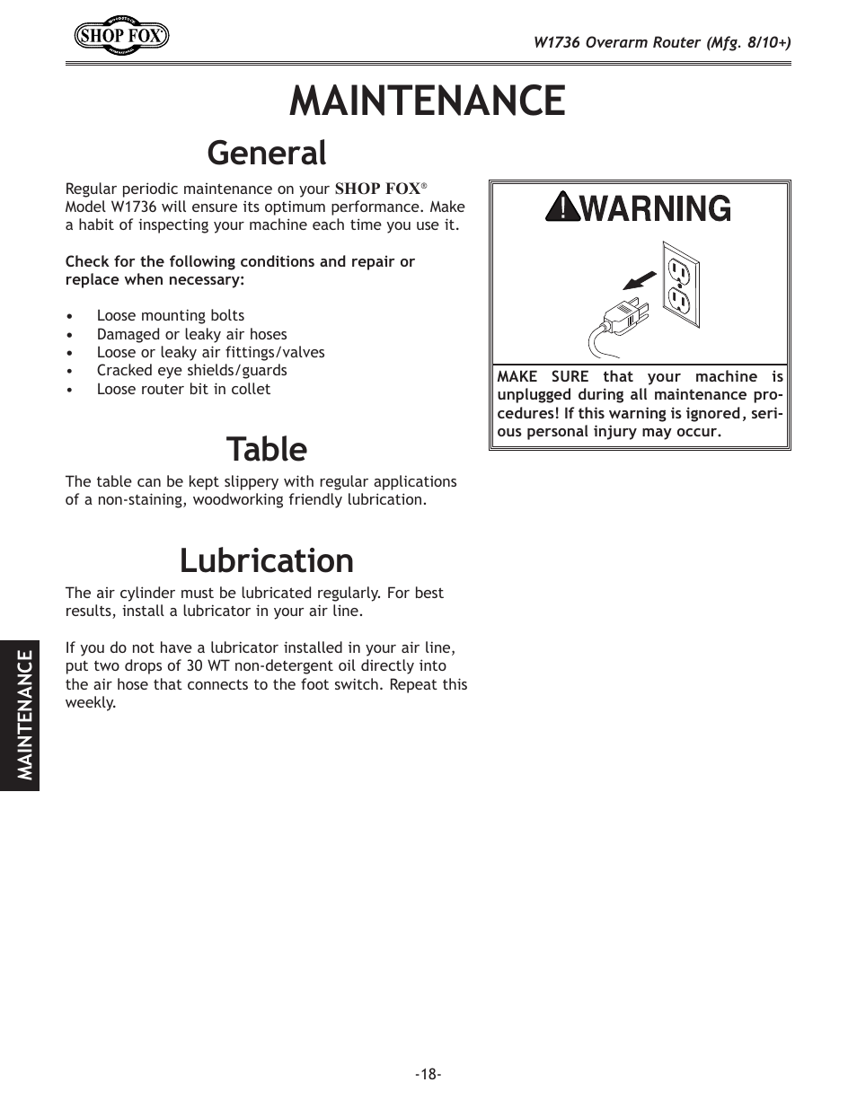 Maintenance, General, Able | Lubrication, Table general | Woodstock W1736 User Manual | Page 20 / 28