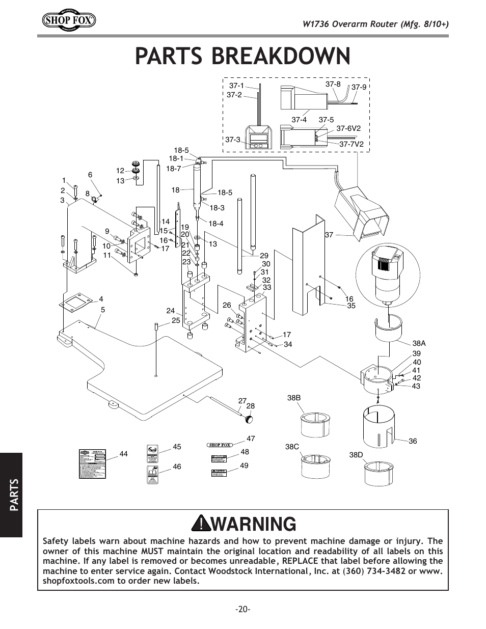 Parts breakdown, Parts | Woodstock W1736 User Manual | Page 22 / 28