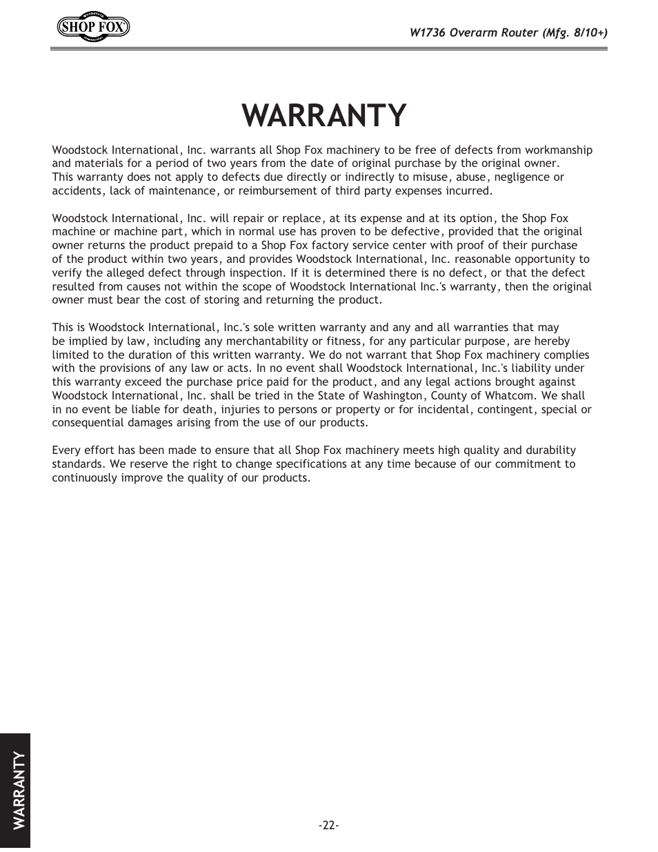 Warranty | Woodstock W1736 User Manual | Page 24 / 28