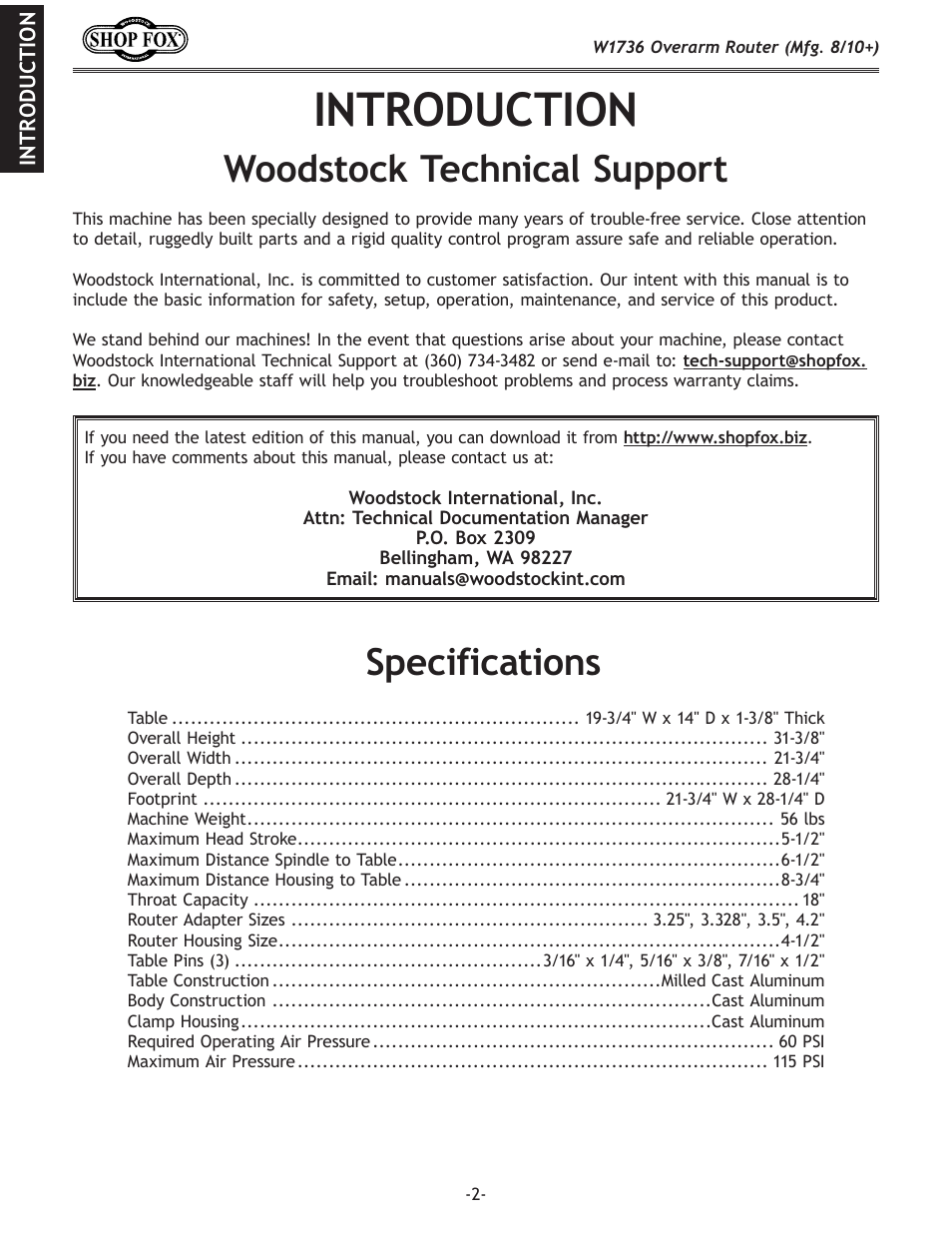 Introduction, Woodstock technical support, About your new overarm router | Specifications | Woodstock W1736 User Manual | Page 4 / 28