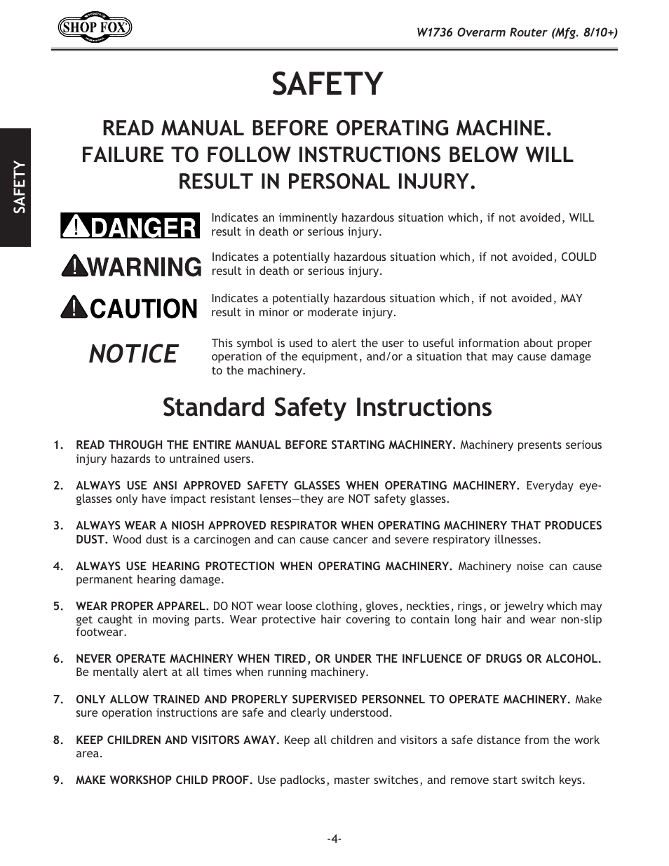 Safety, Standard machinery safety, Standard safety instructions | Notice | Woodstock W1736 User Manual | Page 6 / 28