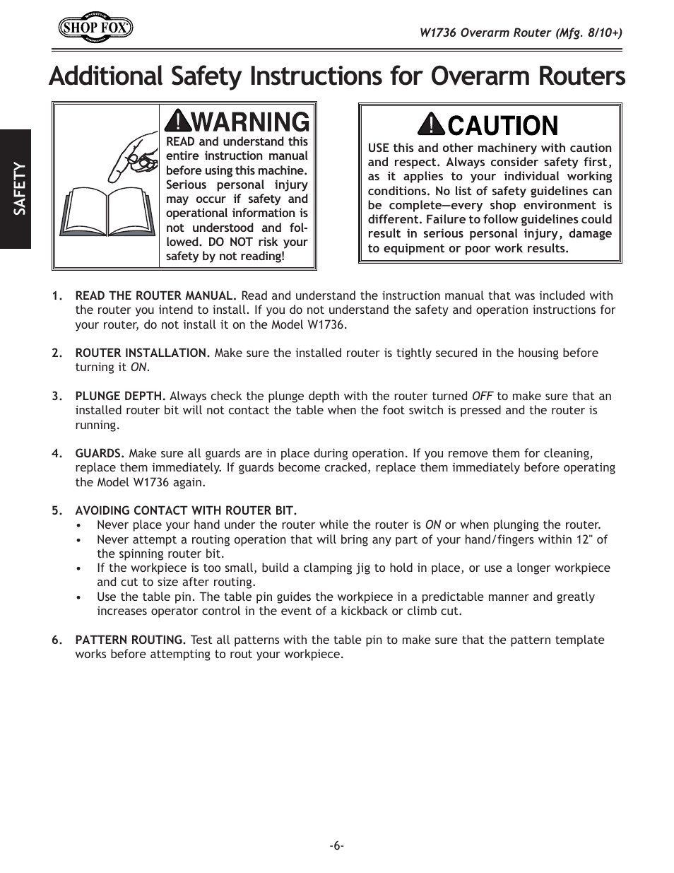 Additional safety instructions for overarm routers | Woodstock W1736 User Manual | Page 8 / 28