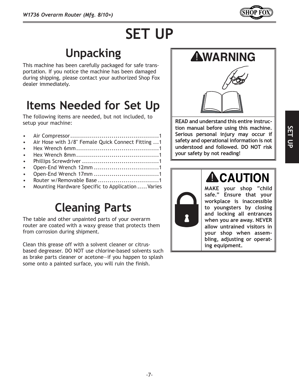 Set up, Unpacking, Items needed for set up | Cleaning parts, Items needed for set up cleaning parts | Woodstock W1736 User Manual | Page 9 / 28