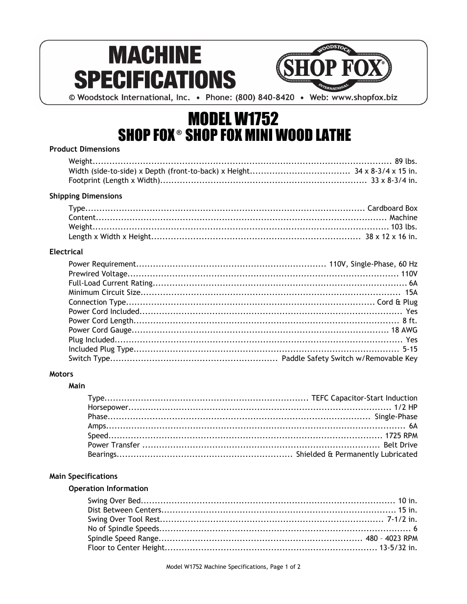 Woodstock SHOP FOX W1752 User Manual | 2 pages