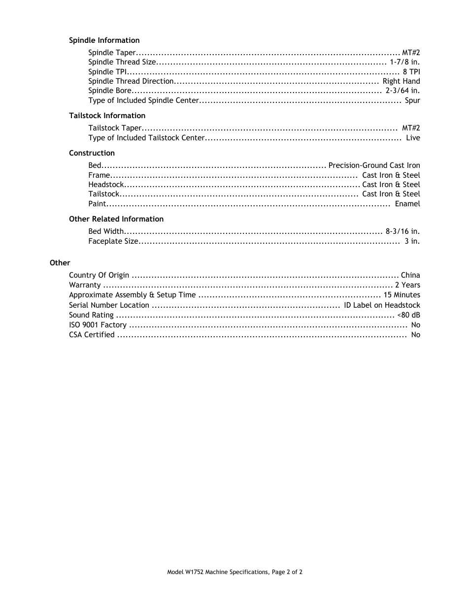 Other specifications | Woodstock SHOP FOX W1752 User Manual | Page 2 / 2