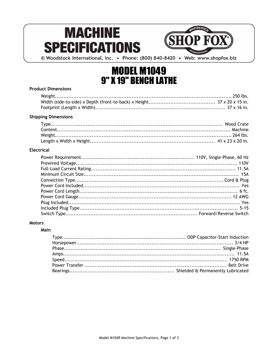 Woodstock M1049 User Manual | 3 pages