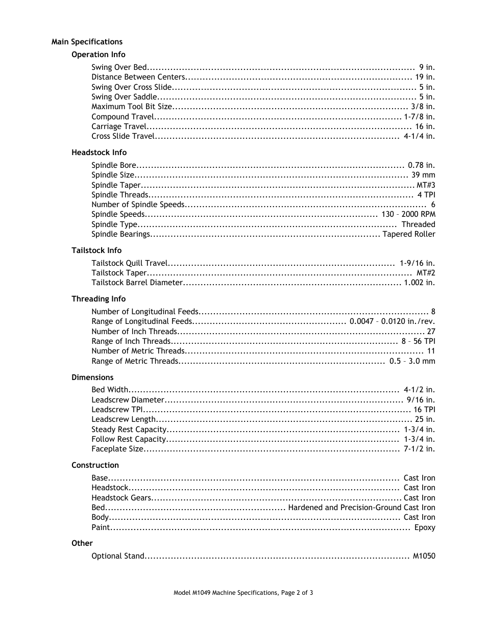 Main specifications | Woodstock M1049 User Manual | Page 2 / 3