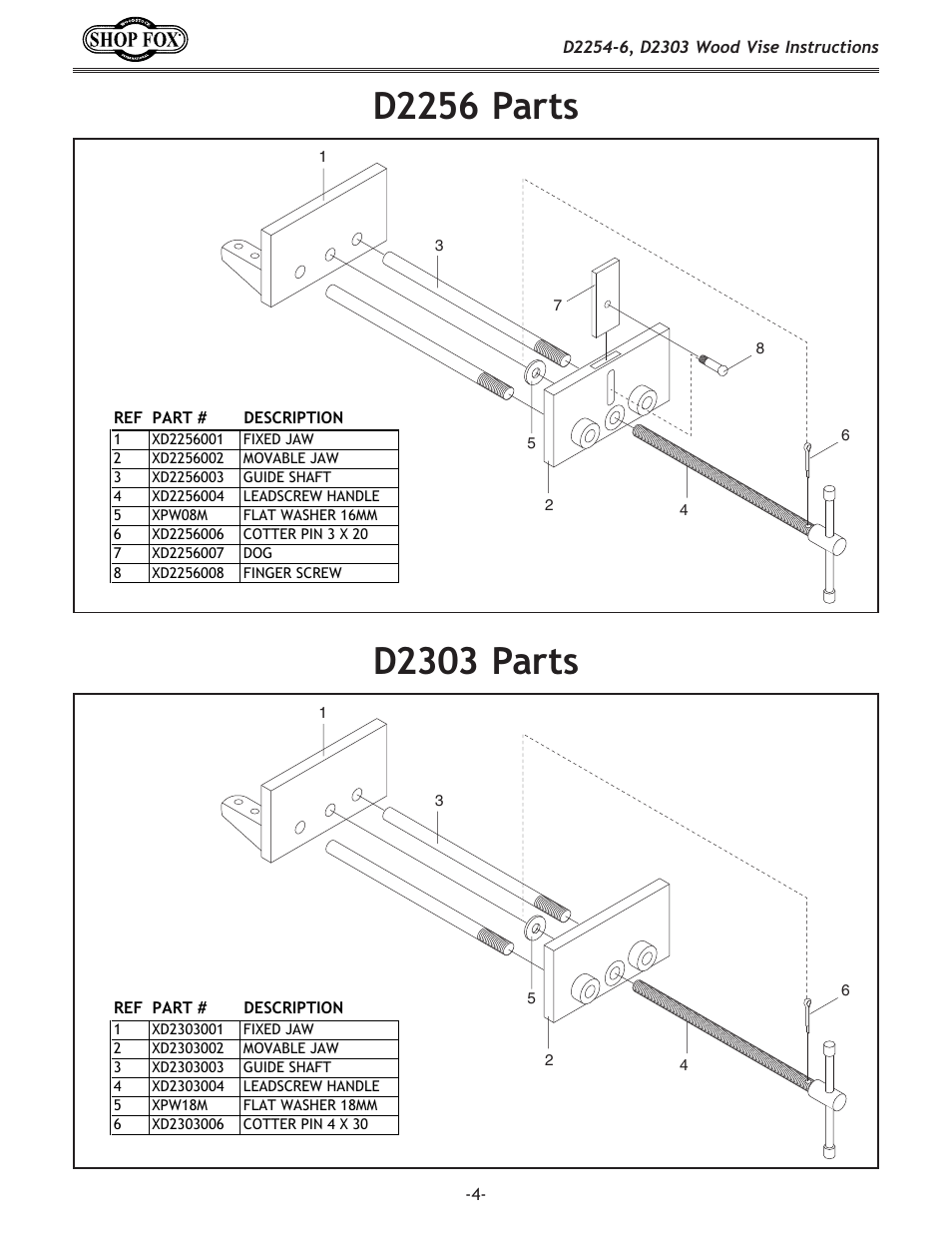 D2256 parts, D2303 parts | Woodstock Wood Vises D2254-6 User Manual | Page 4 / 4