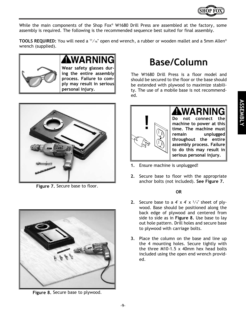 Base/column, Assembly | Woodstock 17" Drill Press W1680 User Manual | Page 10 / 29