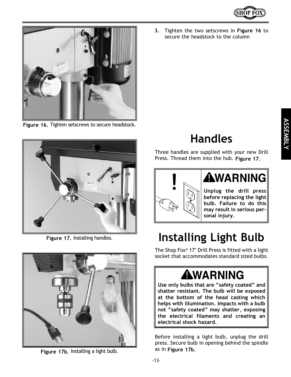 Handles, Installing light bulb | Woodstock 17" Drill Press W1680 User Manual | Page 14 / 29