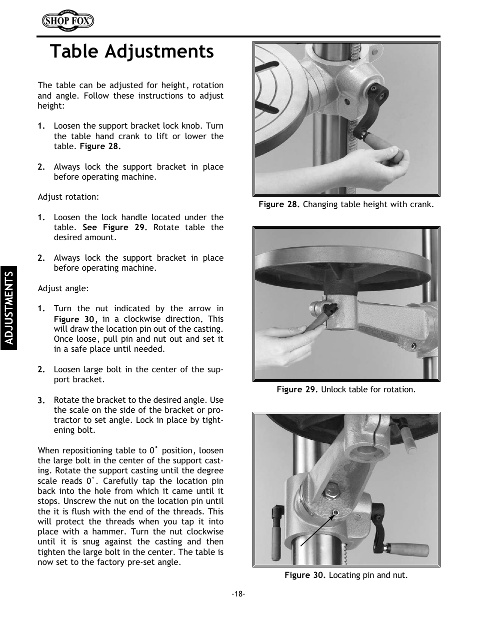 Table adjustments | Woodstock 17" Drill Press W1680 User Manual | Page 19 / 29