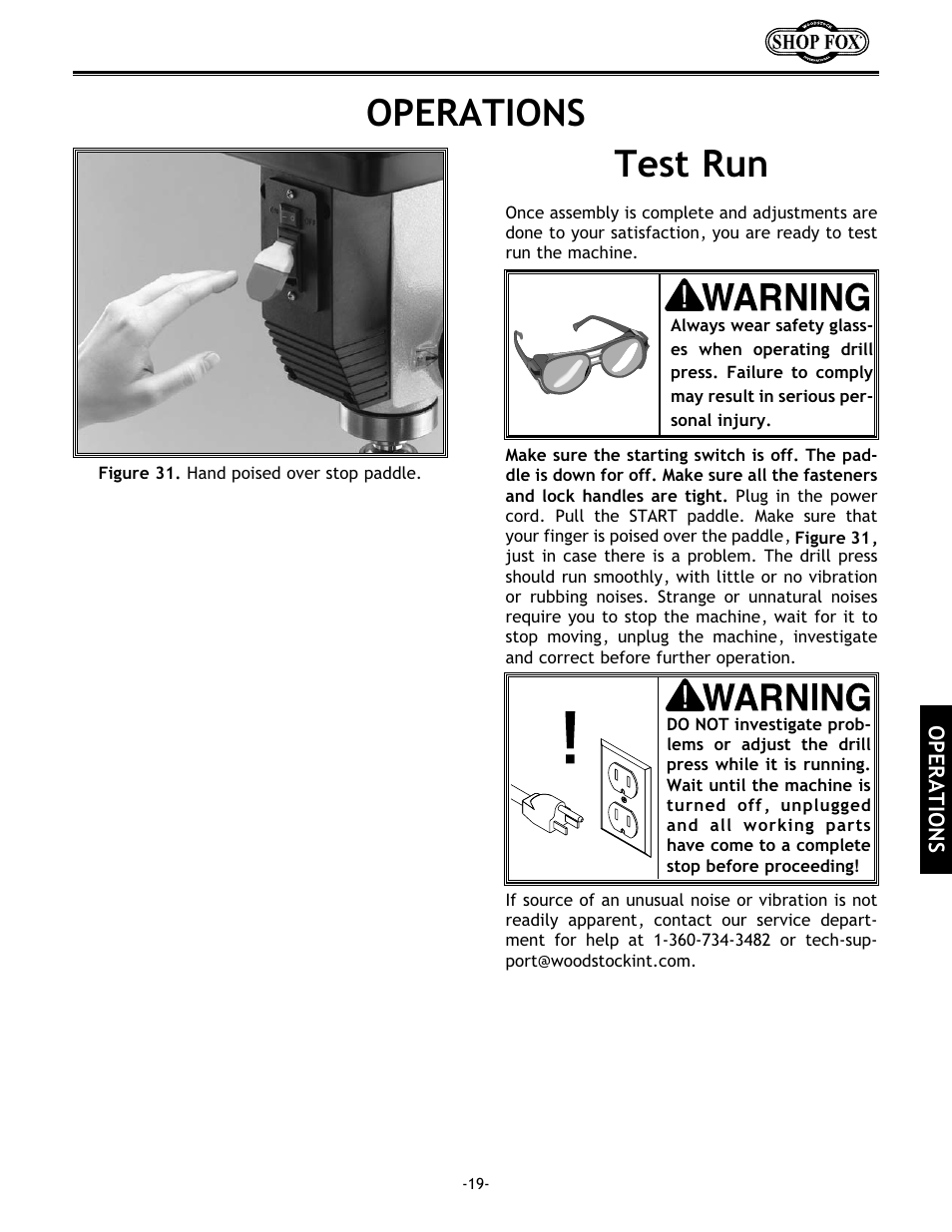 Operations, Test run | Woodstock 17" Drill Press W1680 User Manual | Page 20 / 29