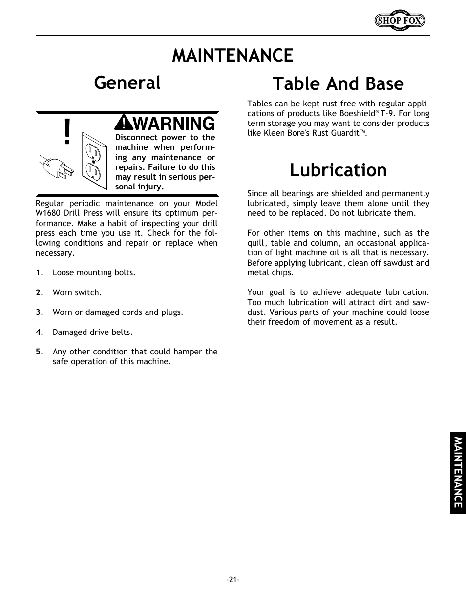 Maintenance lubrication, General table and base | Woodstock 17" Drill Press W1680 User Manual | Page 22 / 29