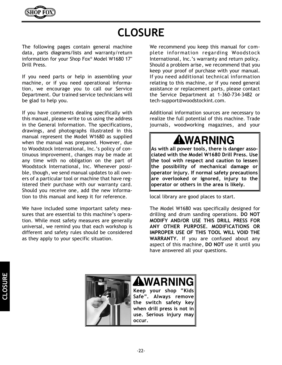 Closure | Woodstock 17" Drill Press W1680 User Manual | Page 23 / 29