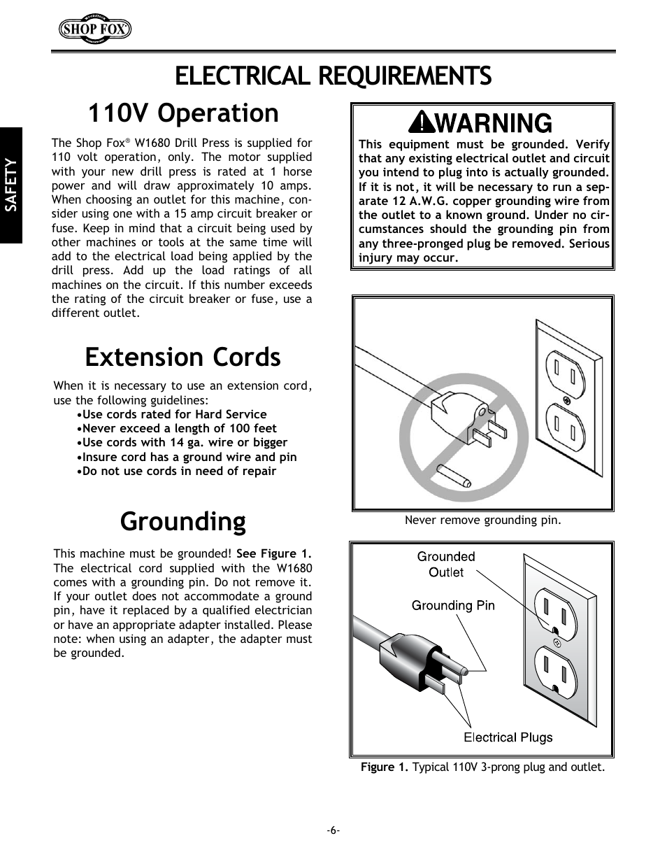 110v operation electrical requirements, Extension cords grounding | Woodstock 17" Drill Press W1680 User Manual | Page 7 / 29