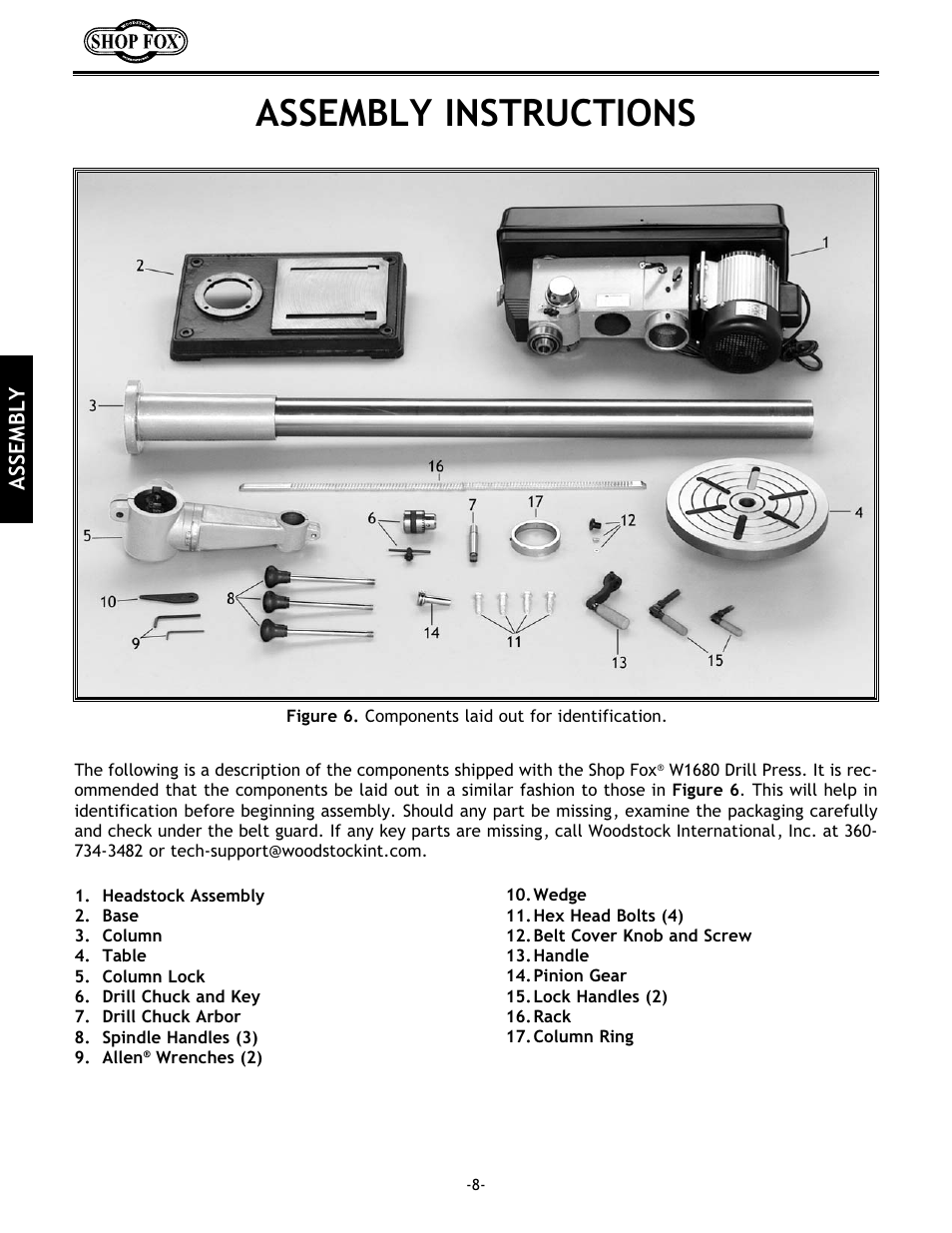 Assembly instructions, Assembly | Woodstock 17" Drill Press W1680 User Manual | Page 9 / 29