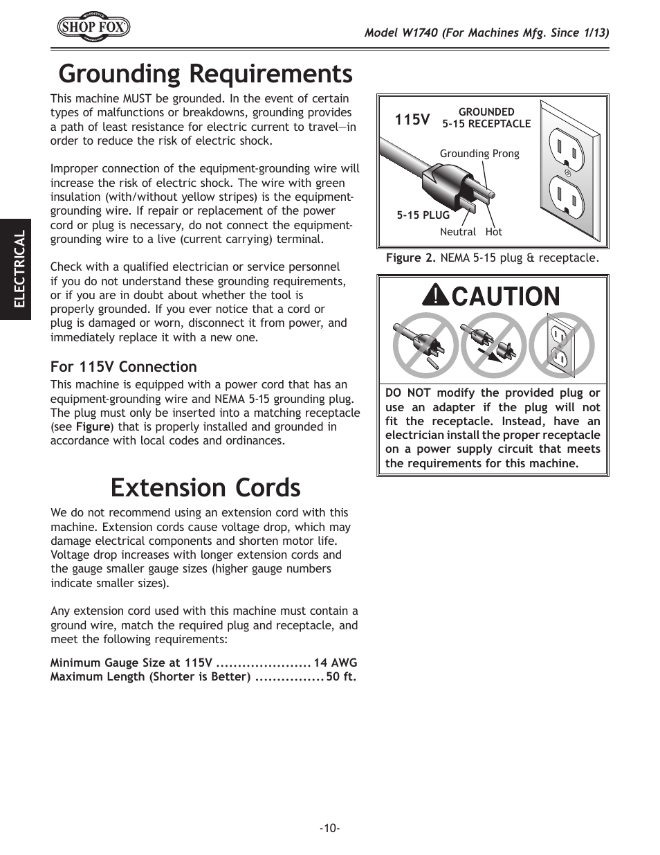 Grounding.requirements, Extension.cords | Woodstock SHOP FOX W1740 User Manual | Page 12 / 60