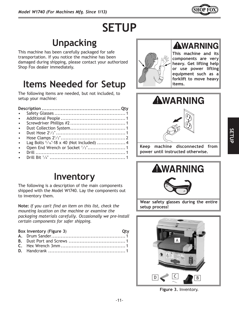 Setup, Unpacking, Items.needed.for.setup | Inventory | Woodstock SHOP FOX W1740 User Manual | Page 13 / 60