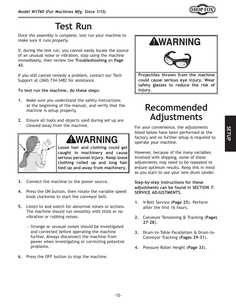 Test.run, Recommended. adjustments | Woodstock SHOP FOX W1740 User Manual | Page 17 / 60