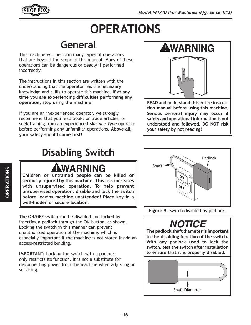 Operations, General, Notice | Disabling.switch | Woodstock SHOP FOX W1740 User Manual | Page 18 / 60