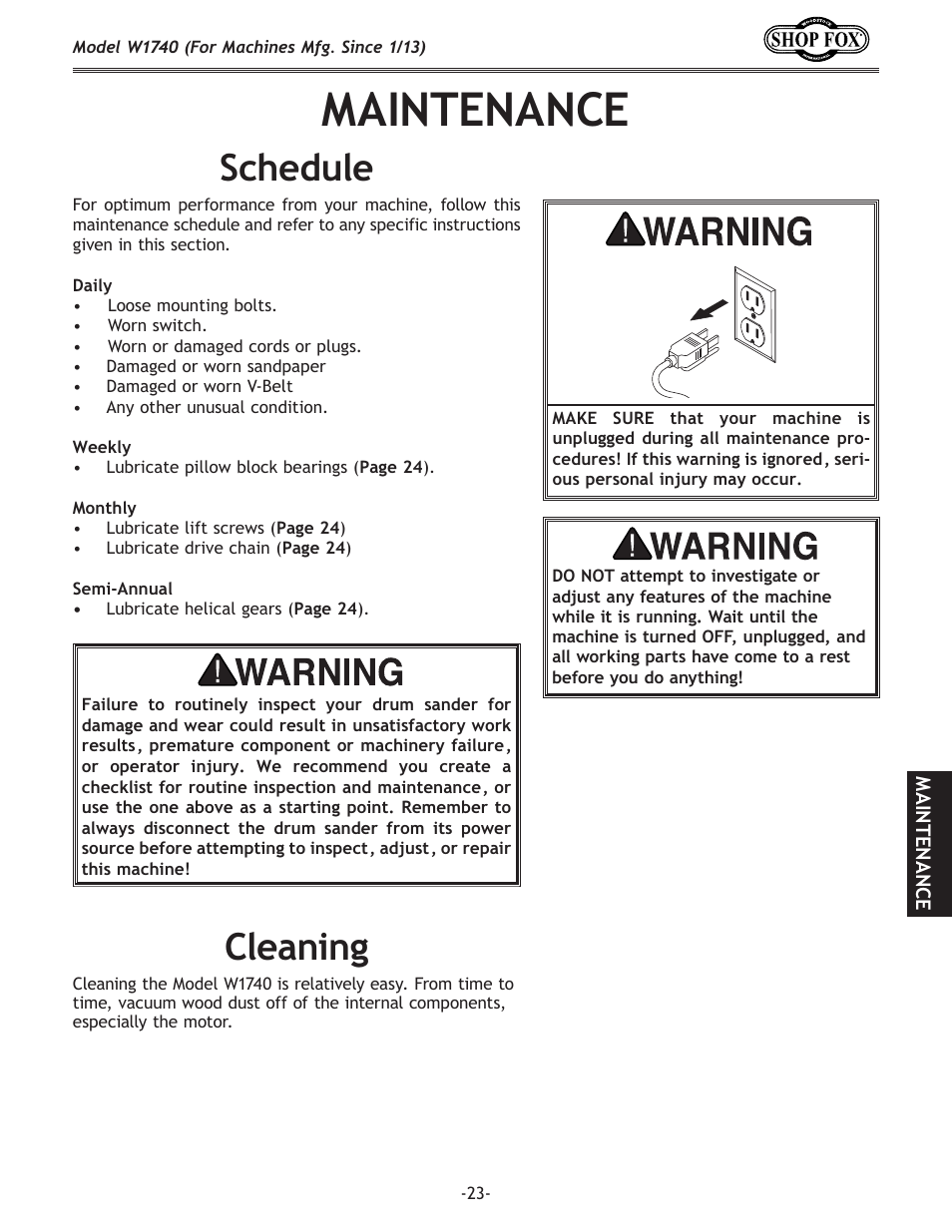 Maintenance, Cleaning, Schedule | Woodstock SHOP FOX W1740 User Manual | Page 25 / 60