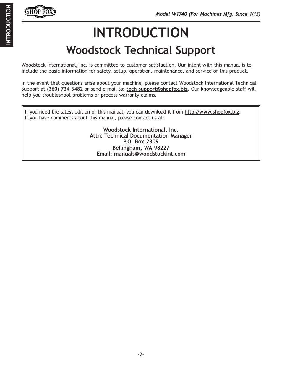 Introduction, Woodstock.technical.support | Woodstock SHOP FOX W1740 User Manual | Page 4 / 60