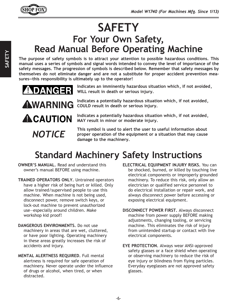 Safety, Notice, Standard.machinery.safety.instructions | Woodstock SHOP FOX W1740 User Manual | Page 8 / 60