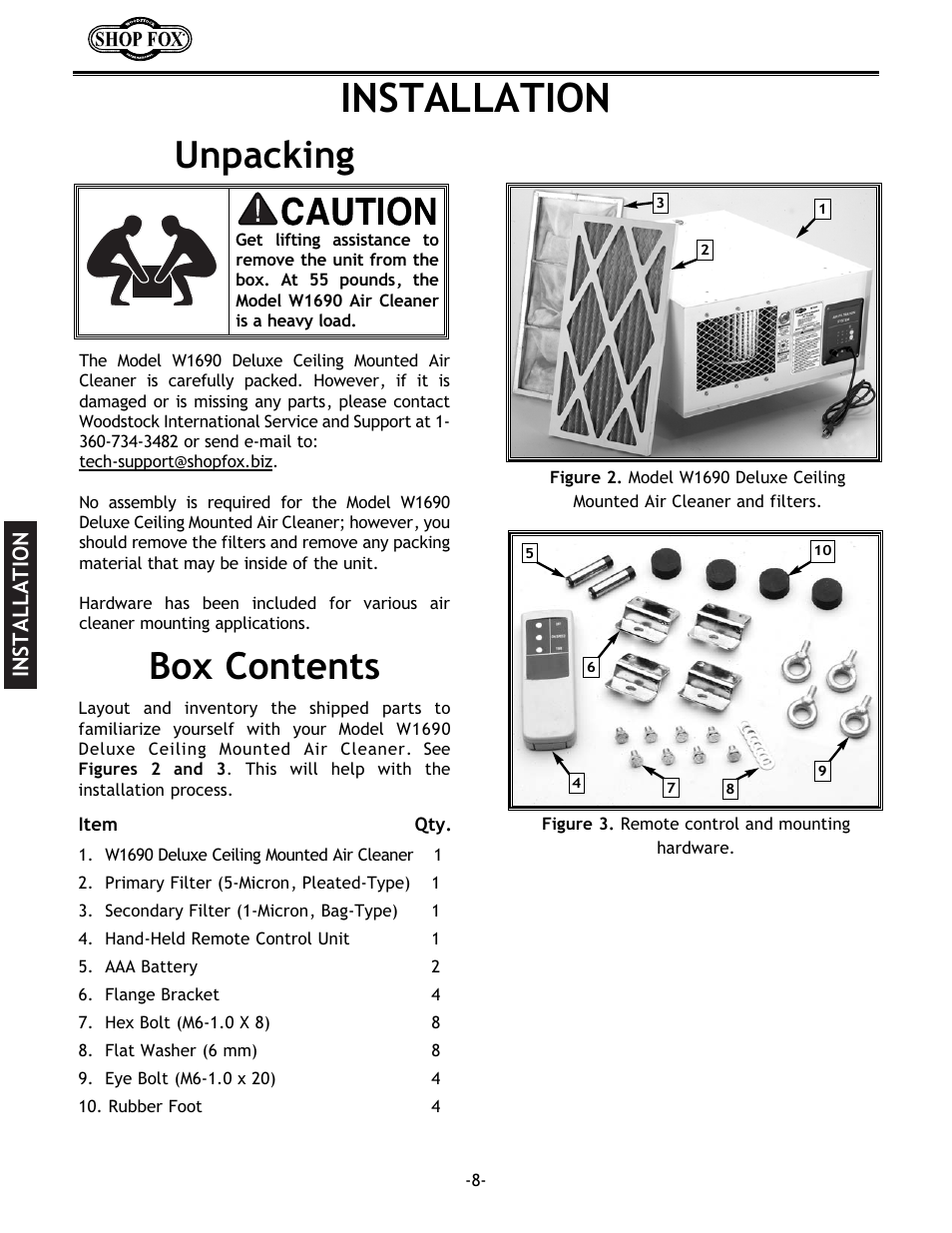 Installation, Unpacking, Box contents | Woodstock W1690 User Manual | Page 10 / 24
