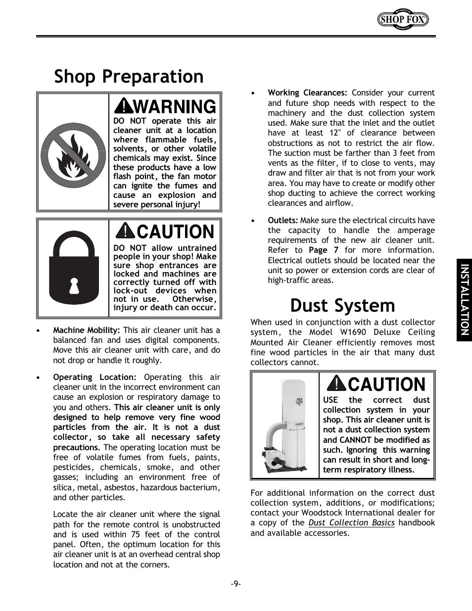 Shop preparation, Dust system | Woodstock W1690 User Manual | Page 11 / 24