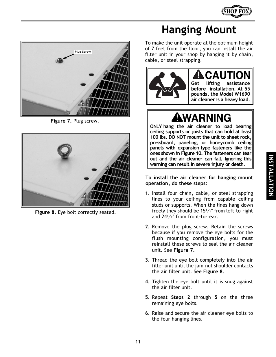 Hanging mount, Installation | Woodstock W1690 User Manual | Page 13 / 24