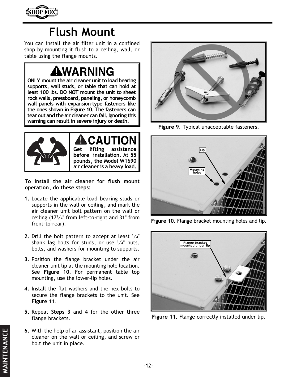 Flush mount, Maintenance | Woodstock W1690 User Manual | Page 14 / 24