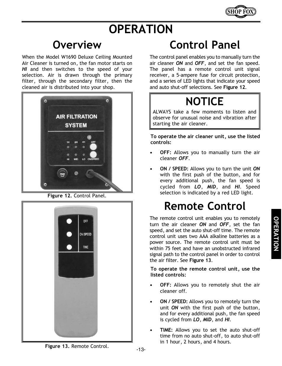 Operation, Control panel, Overview | Remote control, Notice | Woodstock W1690 User Manual | Page 15 / 24