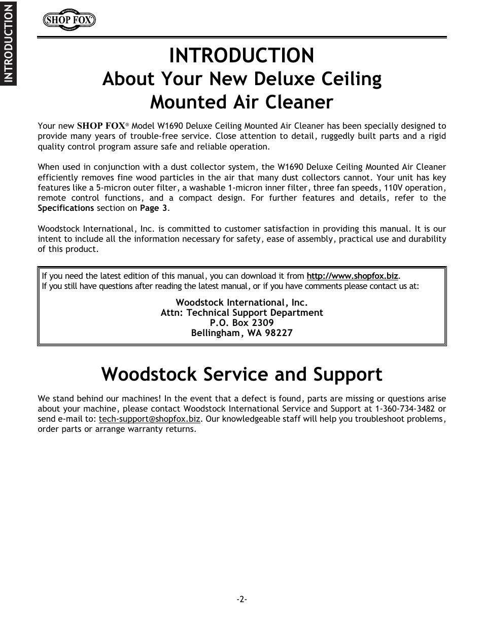 Introduction, About your new deluxe ceiling mounted air cleaner, Woodstock service and support | Woodstock W1690 User Manual | Page 4 / 24